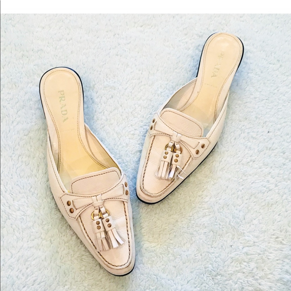 {Prada} white creamy leather mules/slides